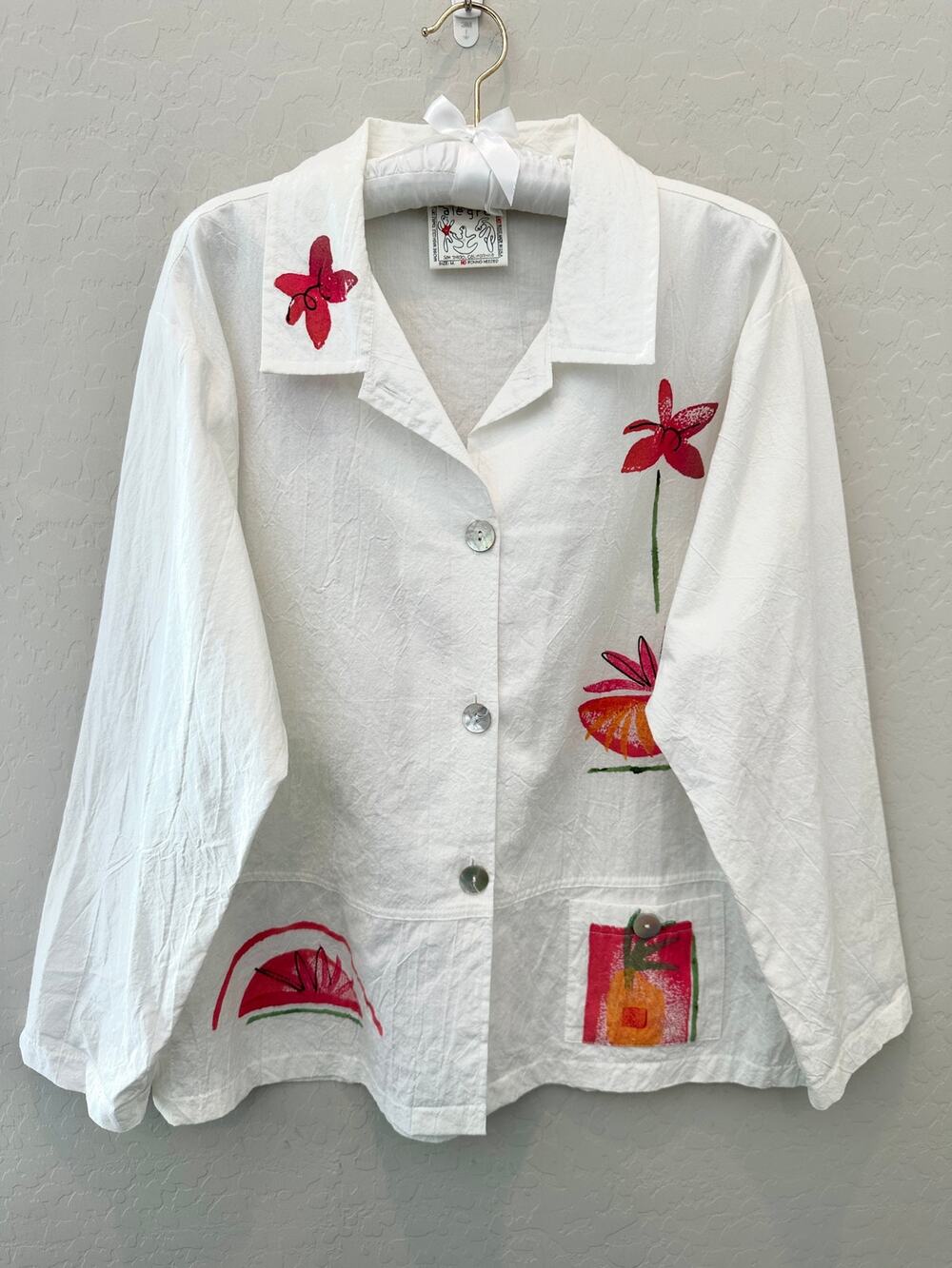 VINTAGE Play Alegre Hand Painted Art To Wear Cotton Button Front Shirt Medium